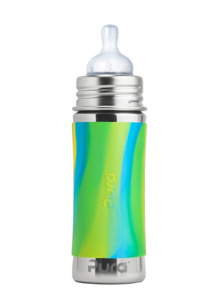 Pura Kiki Stainless Steel  Bottle With Silicone Sleeve And Natural Vent Nipple Aqua Swirl 11oz/325ml